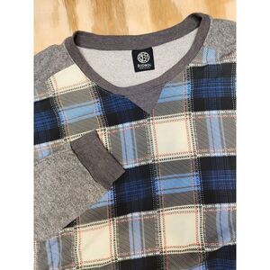 Bobeau Size L Blue Cream Plaid Gray Lightweight Sweatshirt Zip Accent Made In US